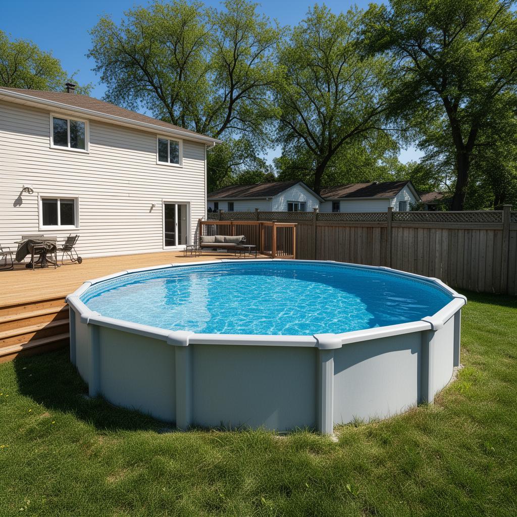 Above-ground round pool freshly installed in a Toronto backyard