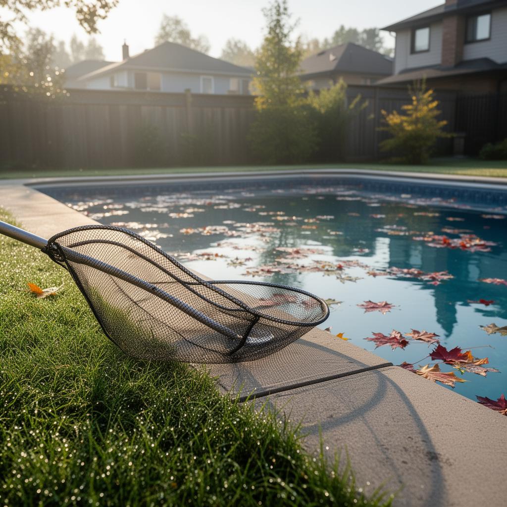 Skimmer net beside a Toronto pool with fallen maple leaves